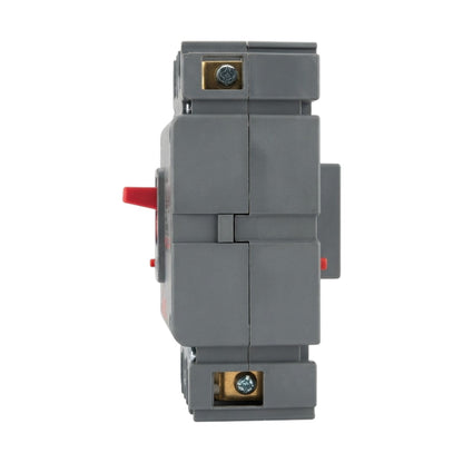 A gray electrical switch component with a red lever and gold-colored screw terminals, shown against a plain white background.