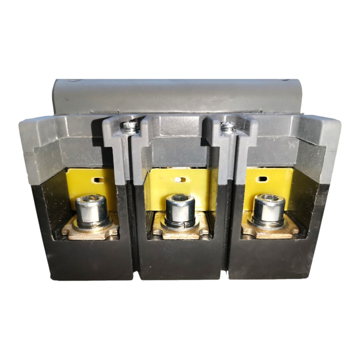 A three-phase electrical terminal block connector with gray plastic housing, yellow internal plates, and three metal screw terminals, shown on a plain white background.