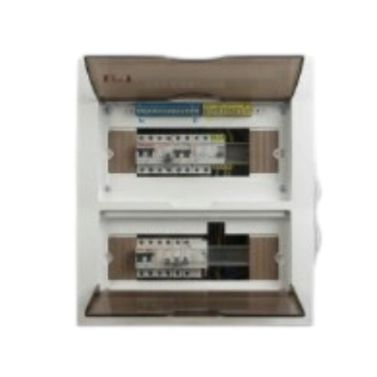 An open electrical distribution board or circuit breaker panel with multiple breakers and internal components visible, shown against a plain white background.