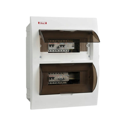 A white double-combo electrical distribution board with two open compartments showing circuit breakers, featuring translucent brown protective covers on a white background.
