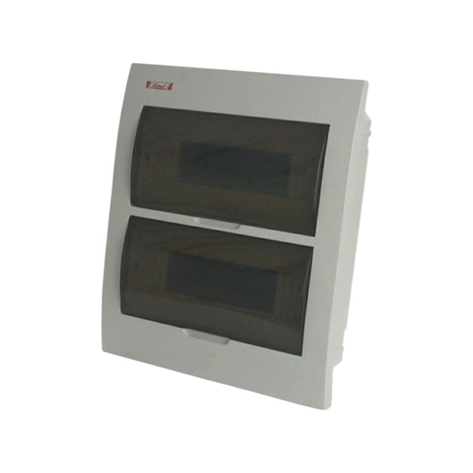 A white double-trip electrical distribution board cover with two dark translucent front doors, shown at an angle on a plain white background.