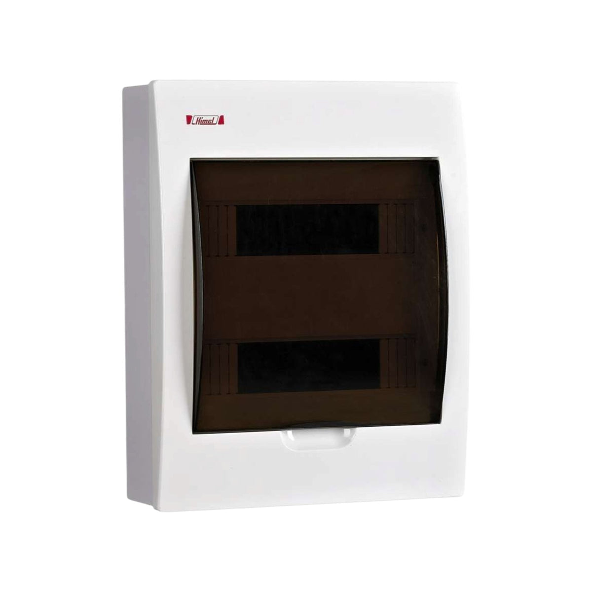 A white electrical distribution board enclosure with a dark brown translucent front cover and a small red and white brand label near the top left, shown on a plain white background.