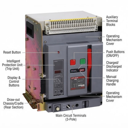 A technical product diagram of a large industrial electrical contactor or motor starter unit with callout labels pointing to various parts such as terminal blocks, buttons, indicators, and terminals on a white background.