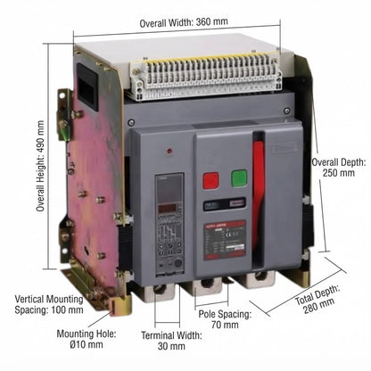 A technical dimension diagram of an electrical contactor or relay component, showing overall width, height, depth, mounting hole spacing, pole spacing, and terminal width with measurement labels.