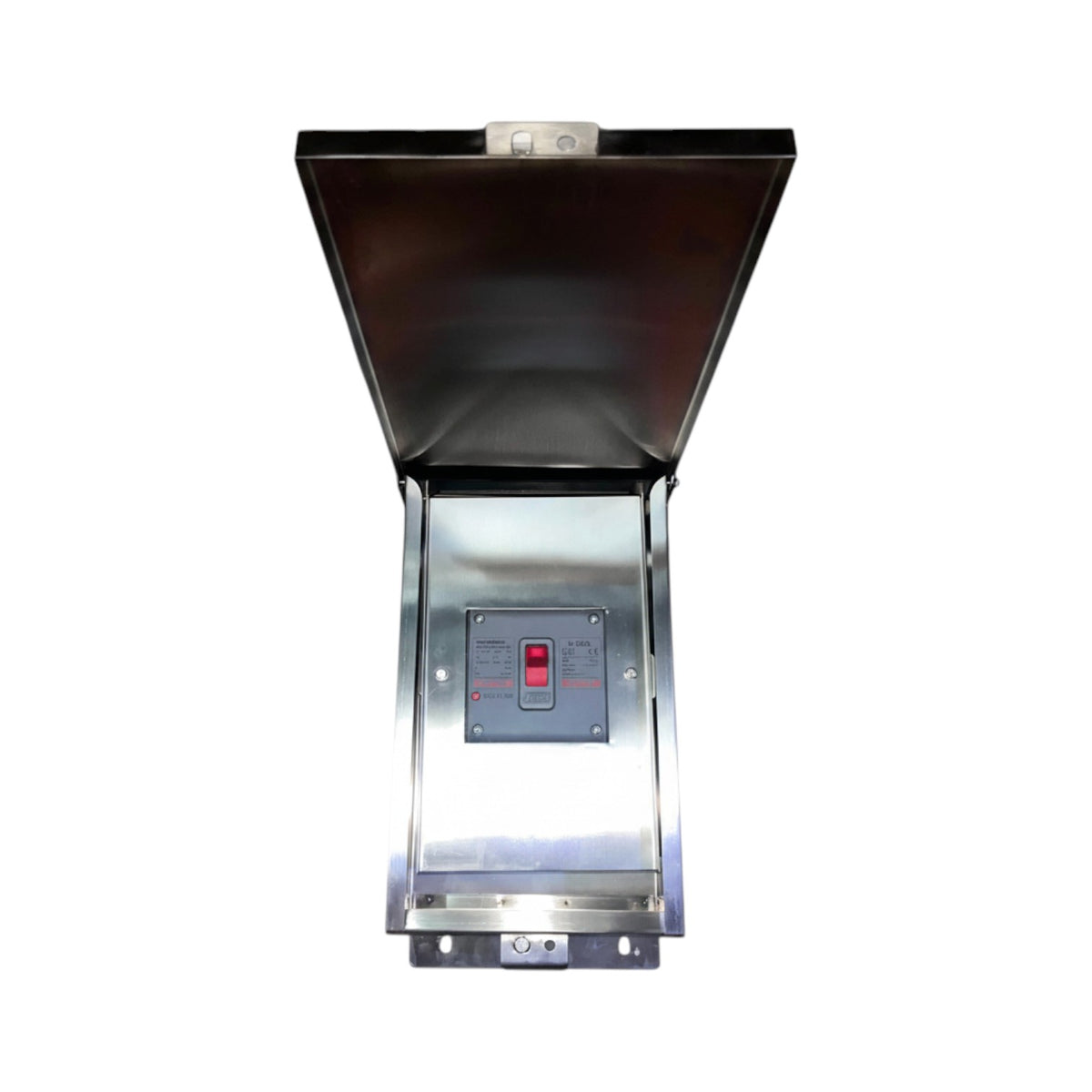 A stainless steel industrial hopper or feeder unit with an open dark lid and a control panel featuring a red switch, shown against a plain white background.