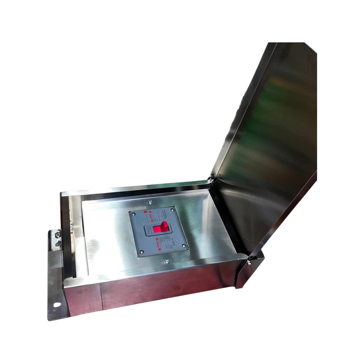 A stainless steel electrical control box with its lid open, showing a red switch and a small instruction label on the inside lid, set against a plain white background.