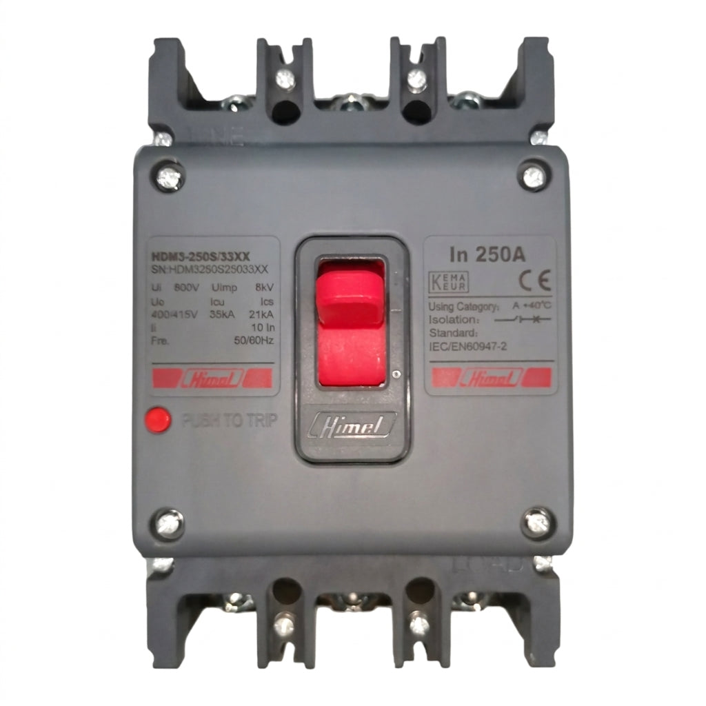 A Himmels electrical contactor with a gray plastic housing, a red central switch, and red and black technical specifications printed on the front, isolated on a white background.