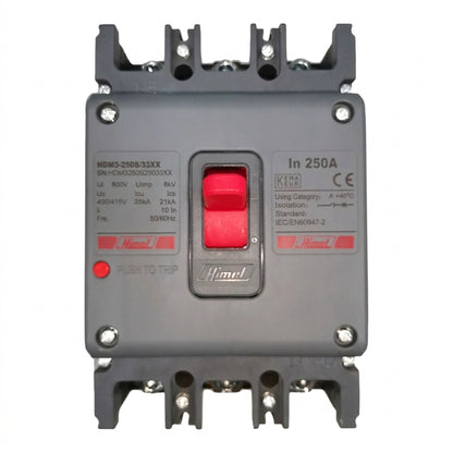 A Himmels electrical contactor with a gray plastic housing, a red central switch, and red and black technical specifications printed on the front, isolated on a white background.