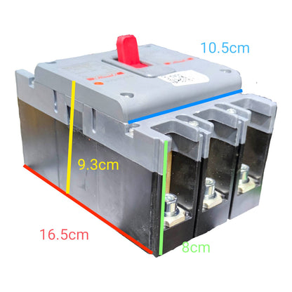 A gray electrical breaker or fuse component with a red top switch shown on a white background, overlaid with colored dimension lines and text labels reading 10.5cm, 9.
