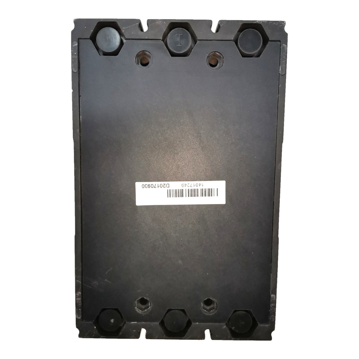 A black heavy-duty metal industrial component, likely a hydraulic or mechanical valve housing, featuring pre-drilled mounting holes and a white barcode label in the center.