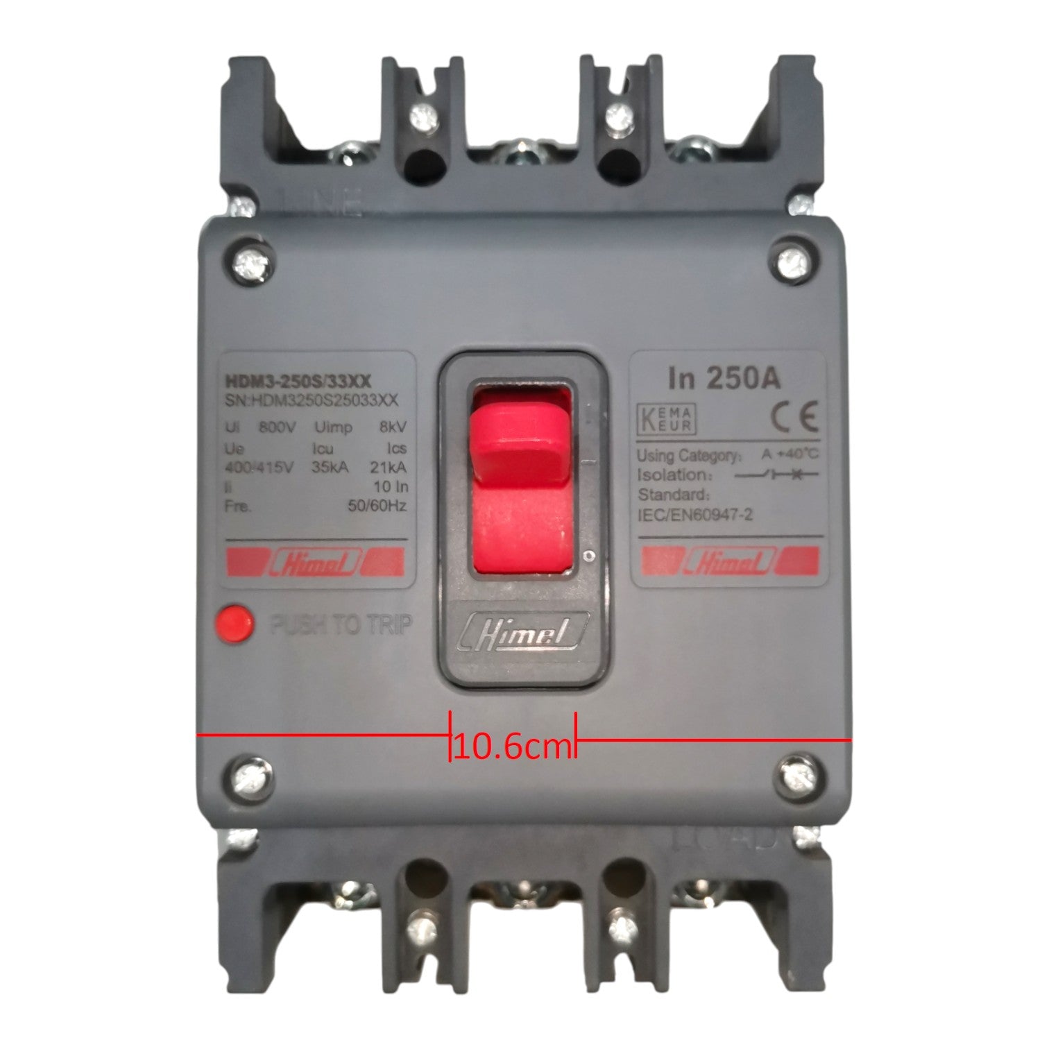 A Himmels electrical contactor with a gray plastic housing and a prominent red central switch. The image features a red dimension overlay indicating a width of 10.