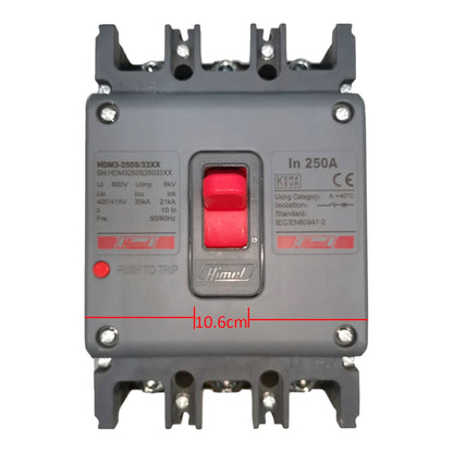 A Himmels electrical contactor with a gray plastic housing and a prominent red central switch. The image features a red dimension overlay indicating a width of 10.
