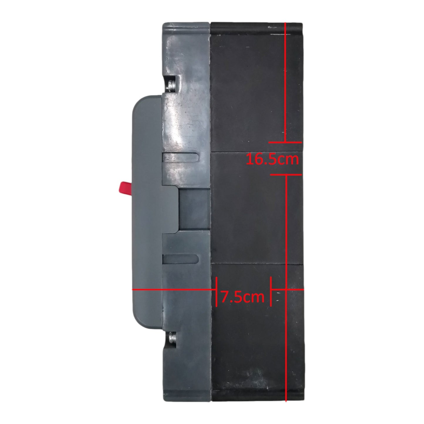 A side view of a black and gray plastic component with red dimension lines indicating measurements of 16.5 cm in height and 7.