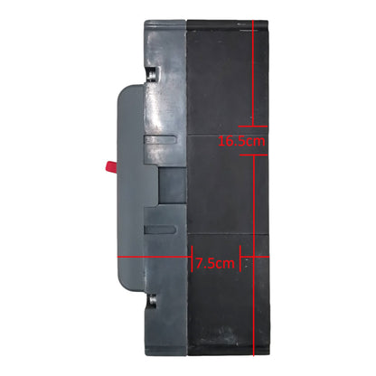 A side view of a black and gray plastic component with red dimension lines indicating measurements of 16.5 cm in height and 7.