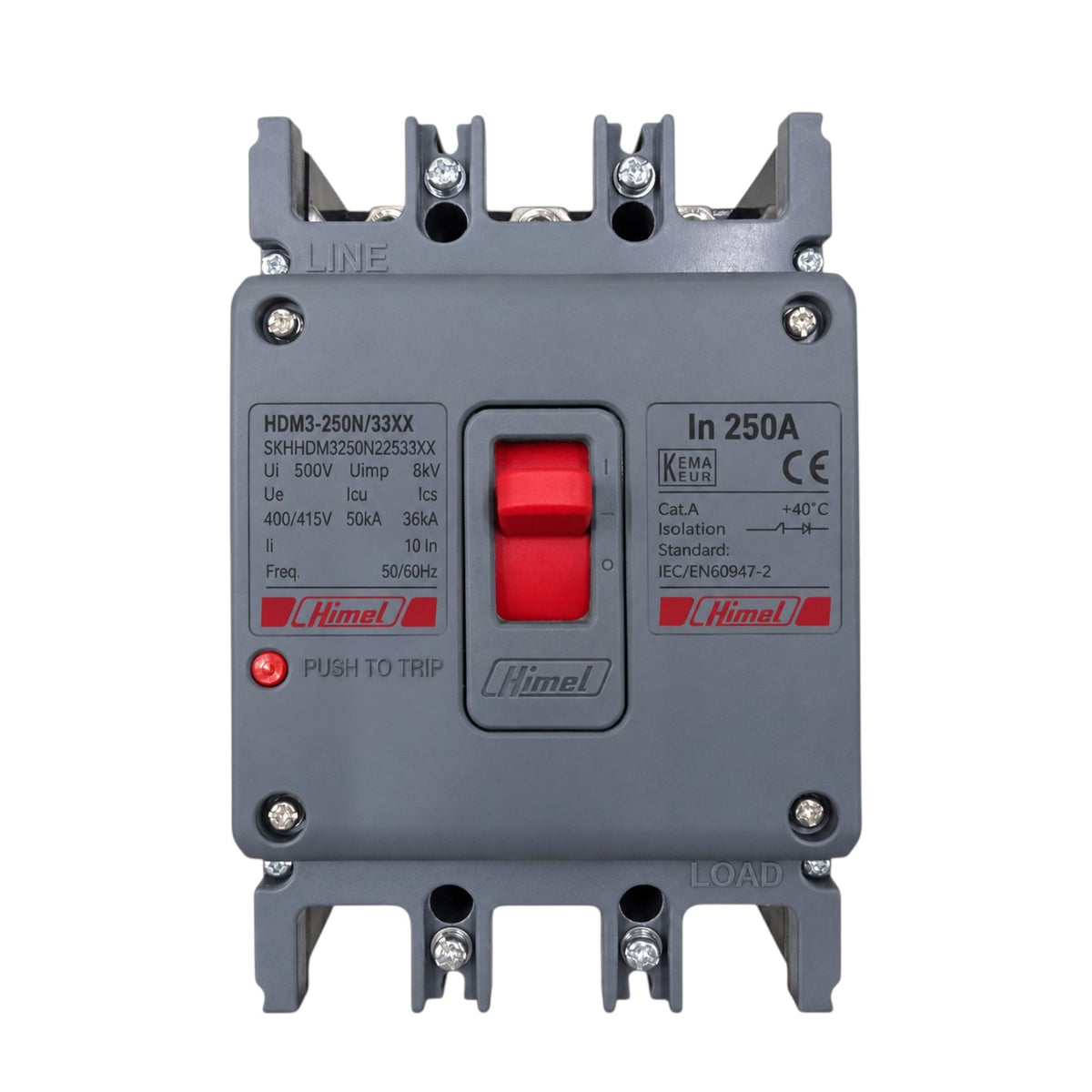 A Himpel HDM3 250N/230V electrical contactor with a gray plastic housing, a red central switch, and technical specifications printed on the front, isolated on a white background.
