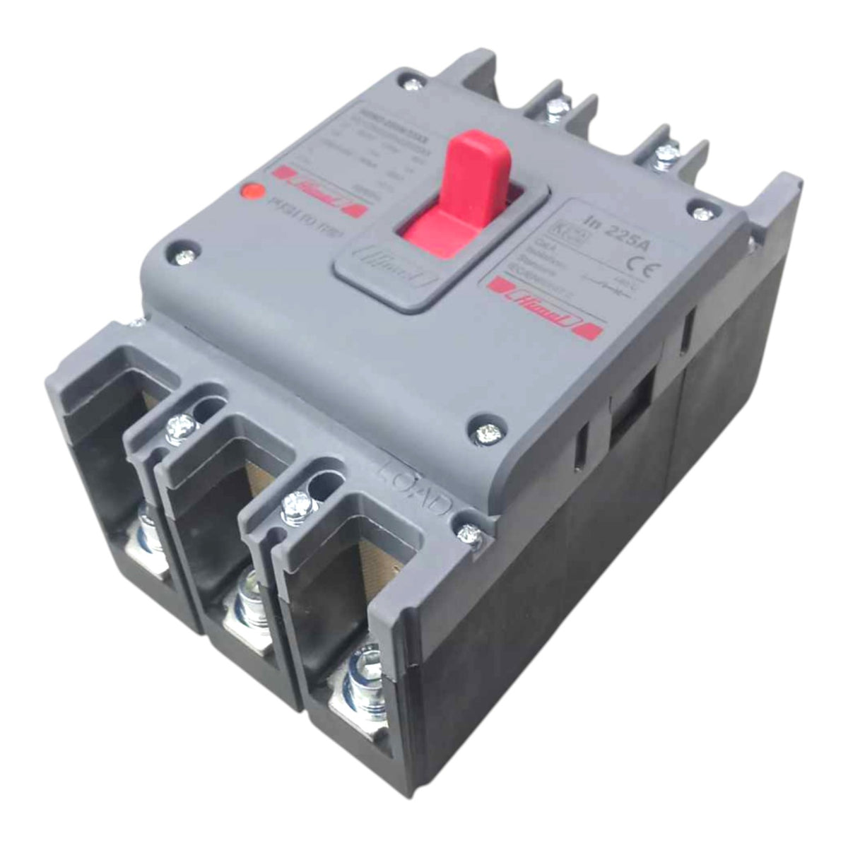 A gray electrical circuit breaker with a prominent red switch handle, photographed on a clean white background.