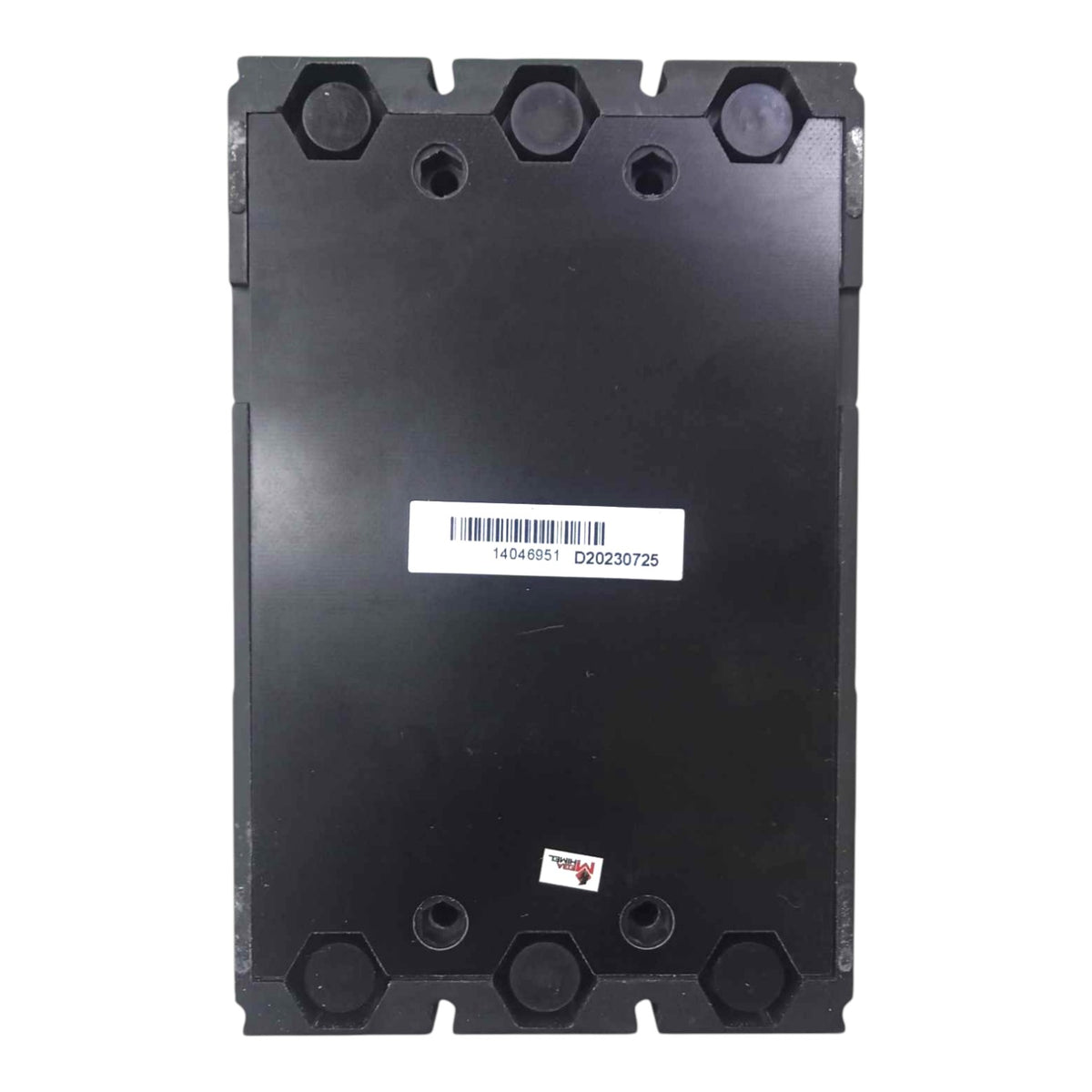 A black industrial electrical component or terminal housing with hexagonal mounting points and a white barcode label in the center, shown against a plain white background.
