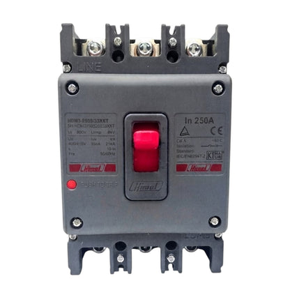 A Himmelfrind electric contactor with a dark gray plastic housing, featuring a prominent red central push-button and smaller red indicator lights. The brand name 'Himmelfrind' is clearly printed on the front face, along with technical specifications and safety standards.
