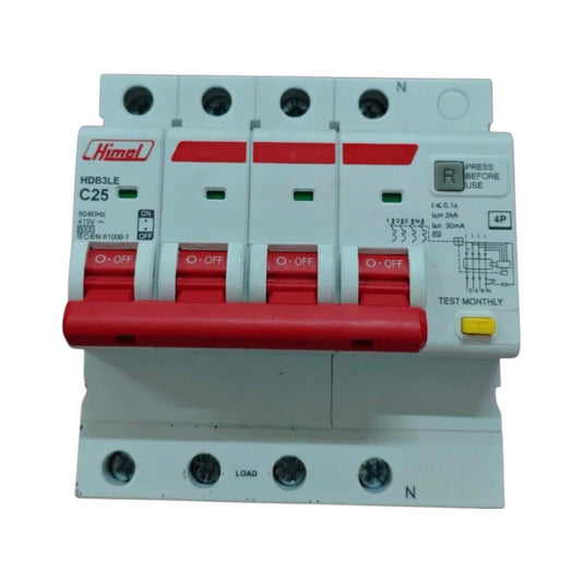 A 4-pole circuit breaker with a red handle and red pull switches, manufactured by Himmelfarb (model HDRILE C25). The product is shown against a plain white background.