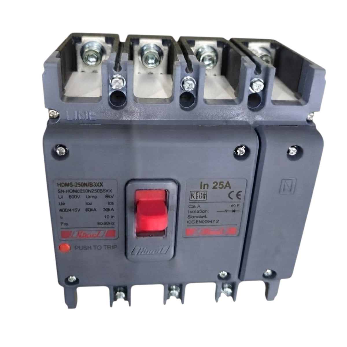 A 4-pole industrial circuit breaker with a gray plastic housing, a prominent red trip switch, and technical specifications printed on the front, isolated on a white background.