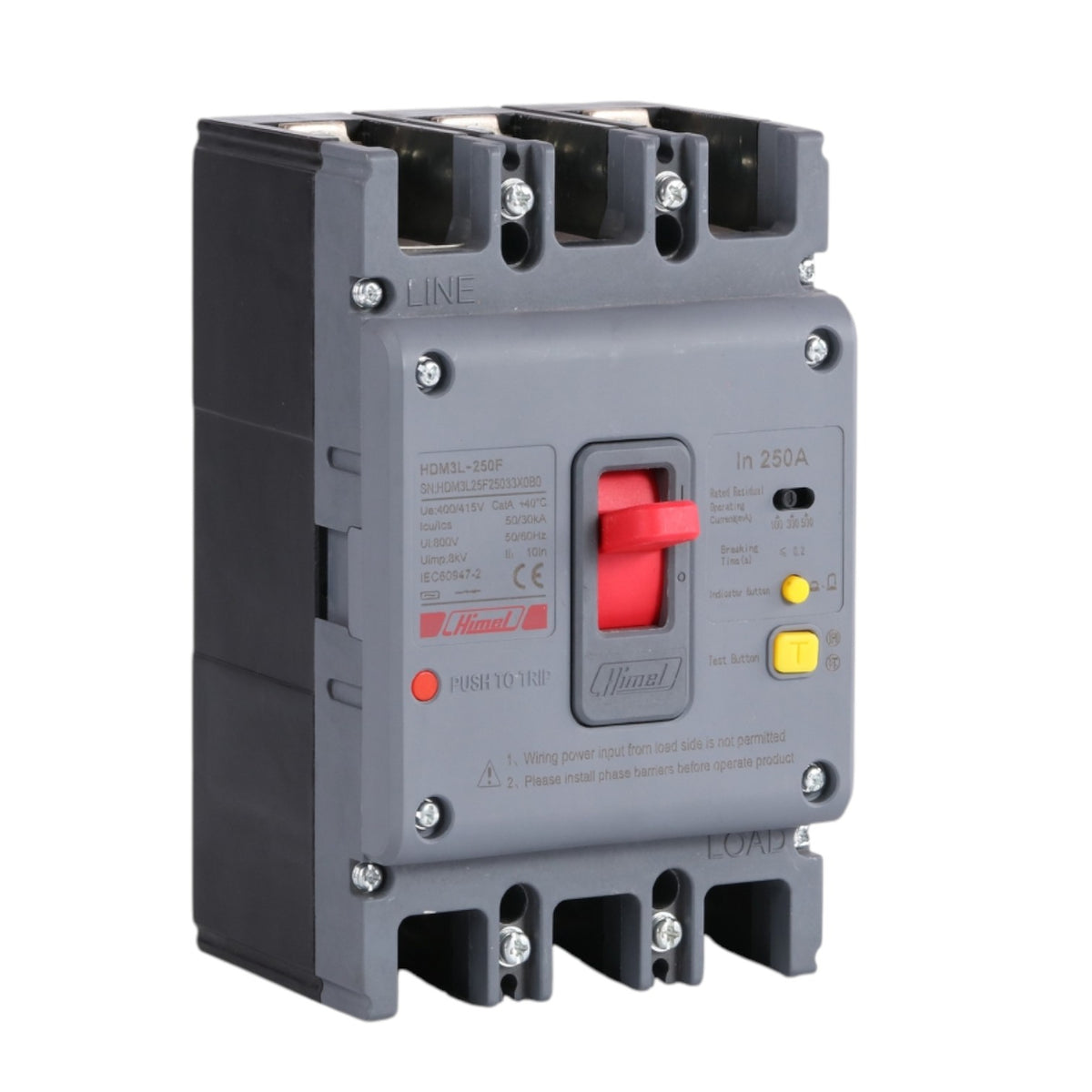 A gray electrical circuit breaker with a red main switch handle, a yellow test button, and printed technical specifications on the front face, shown on a plain white background.