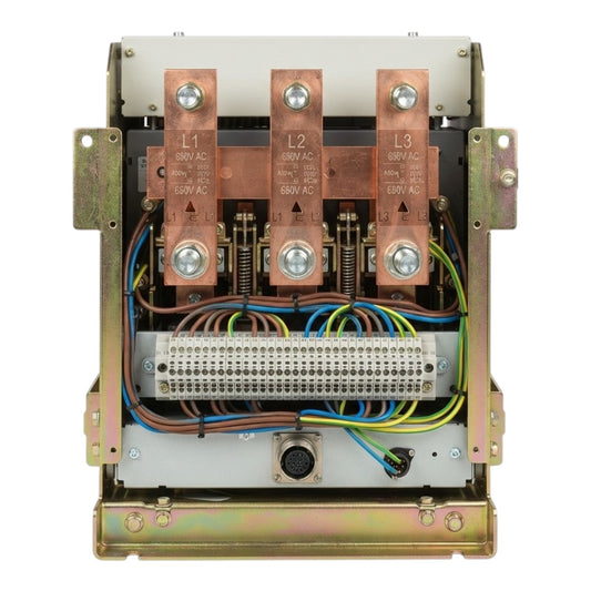 An industrial electrical contactor relay unit with three large copper-colored L1, L2, and L3 terminals, a white terminal block, and multicolored wiring inside a metal enclosure, shown on a plain white background.