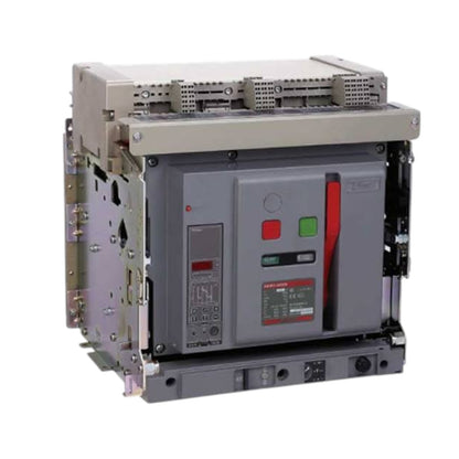 A large industrial electrical switchgear unit with a gray front panel, beige top housing, and red and green indicator buttons, photographed on a plain white background.