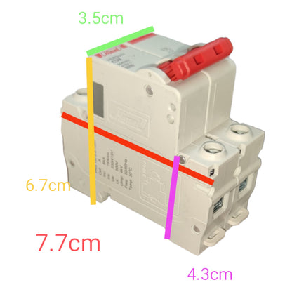 Electrical circuit breaker with measurements marked on a white background