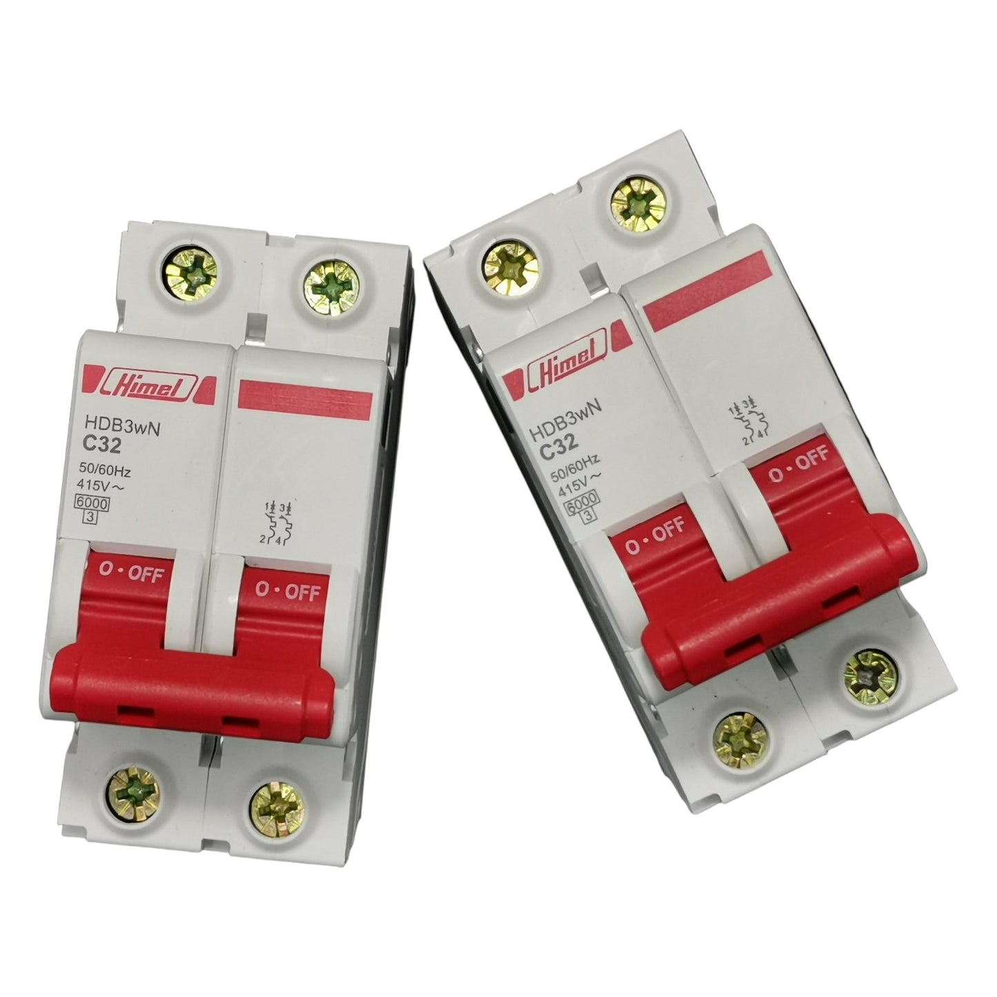 Two electrical circuit breakers with red and silver design on a white background