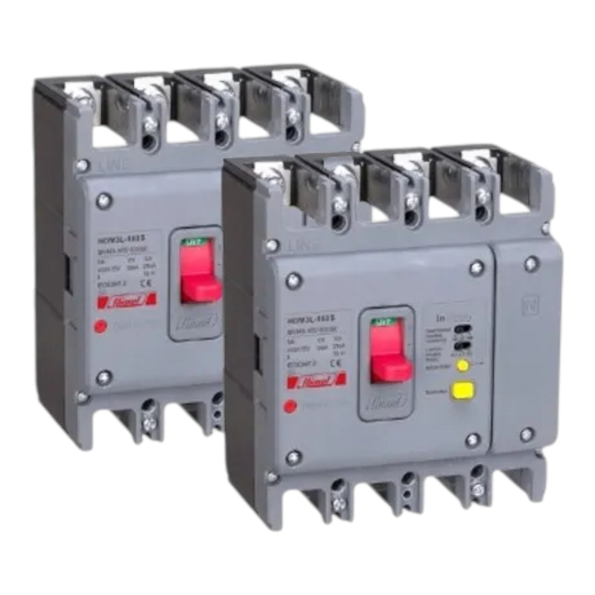 Two industrial electrical circuit breakers in gray plastic with red and yellow switches, shown on a plain white background.