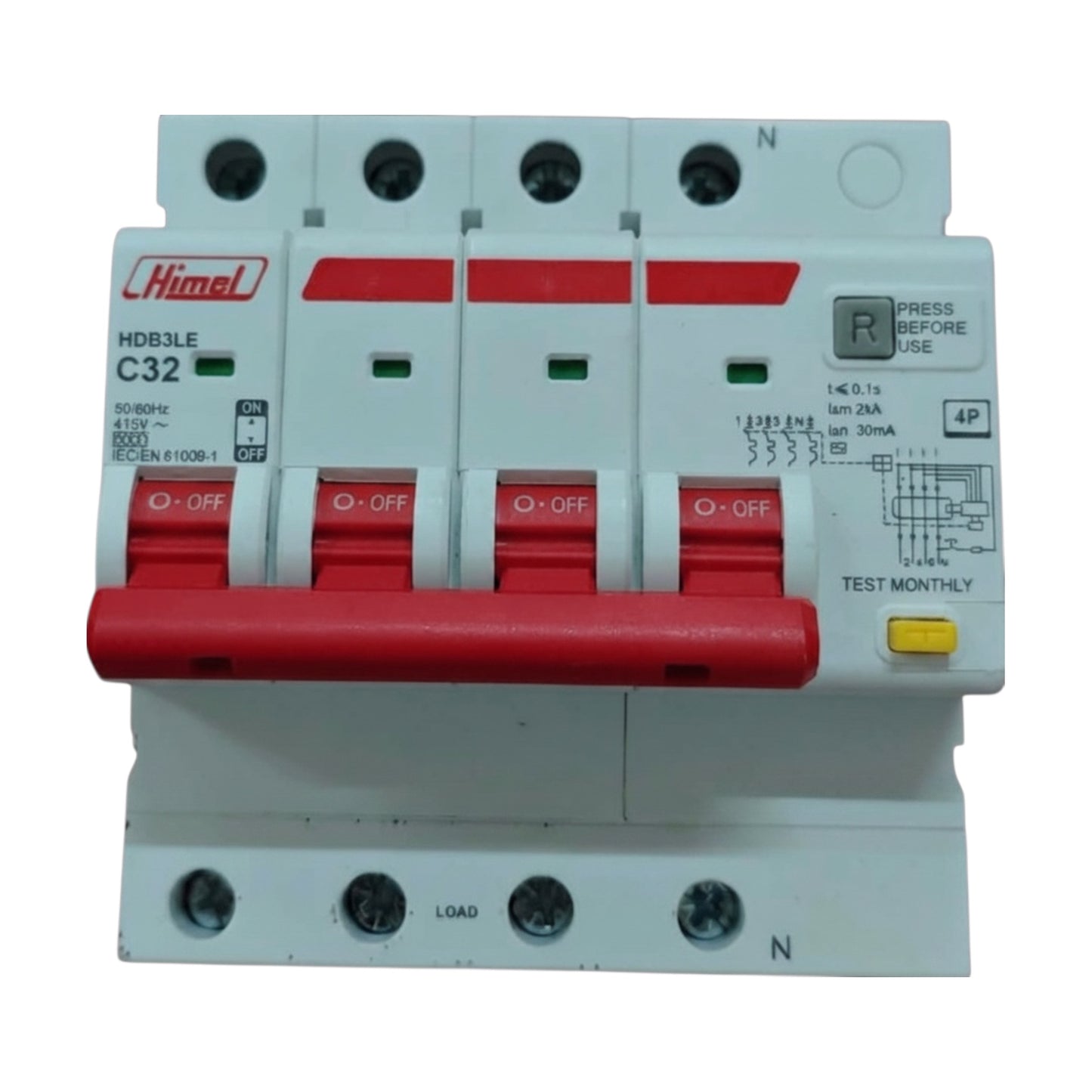 Himel 32A 4P+N 30mA 6 KAIC 220V Residual Current Operated Circuit Breaker RCBO with Overload Protection HDB3LE4C32