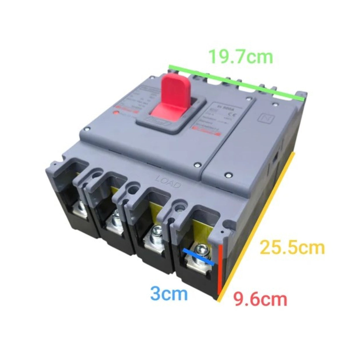 A gray electrical circuit breaker with a red switch handle, shown on a white background with colored dimension lines and text indicating measurements of 19.7cm, 25.