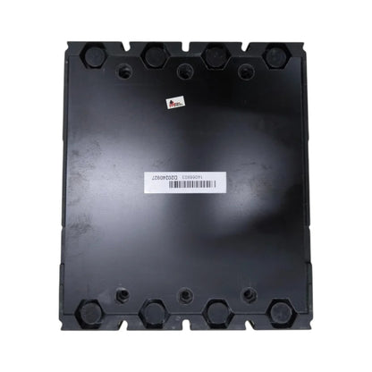 A black plastic industrial component or housing plate with pre-drilled hexagonal holes around the edges and a white barcode label in the center, shown against a plain white background.