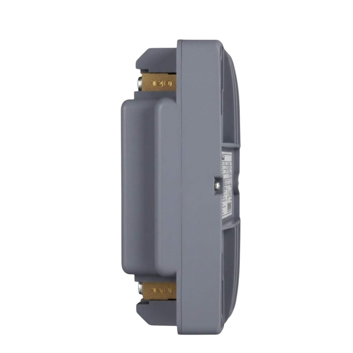 A gray electrical junction box or terminal block with gold-colored screw terminals visible on the side, shown against a plain white background.