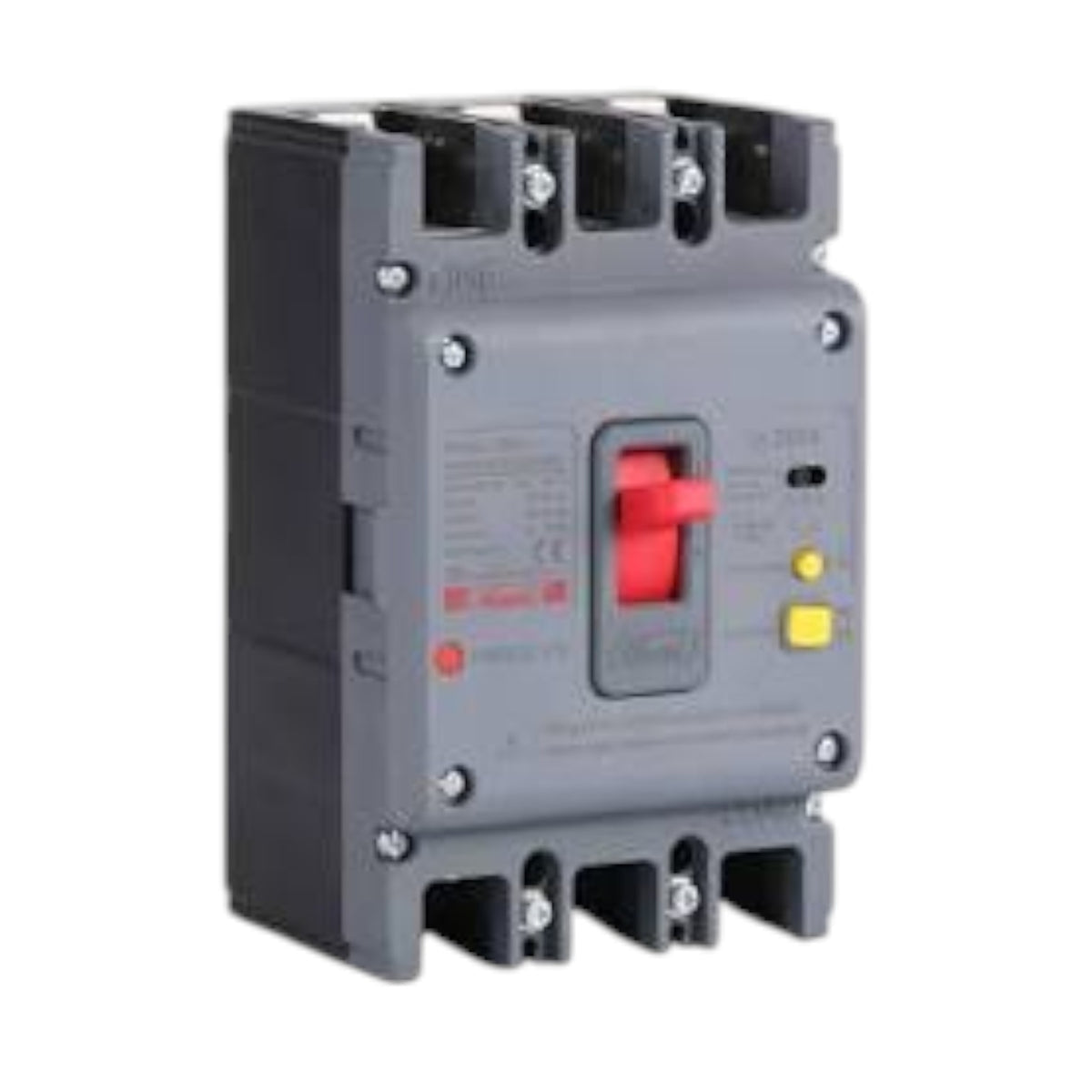 A gray electrical circuit breaker with a red switch handle and a yellow button, shown on a plain white background.