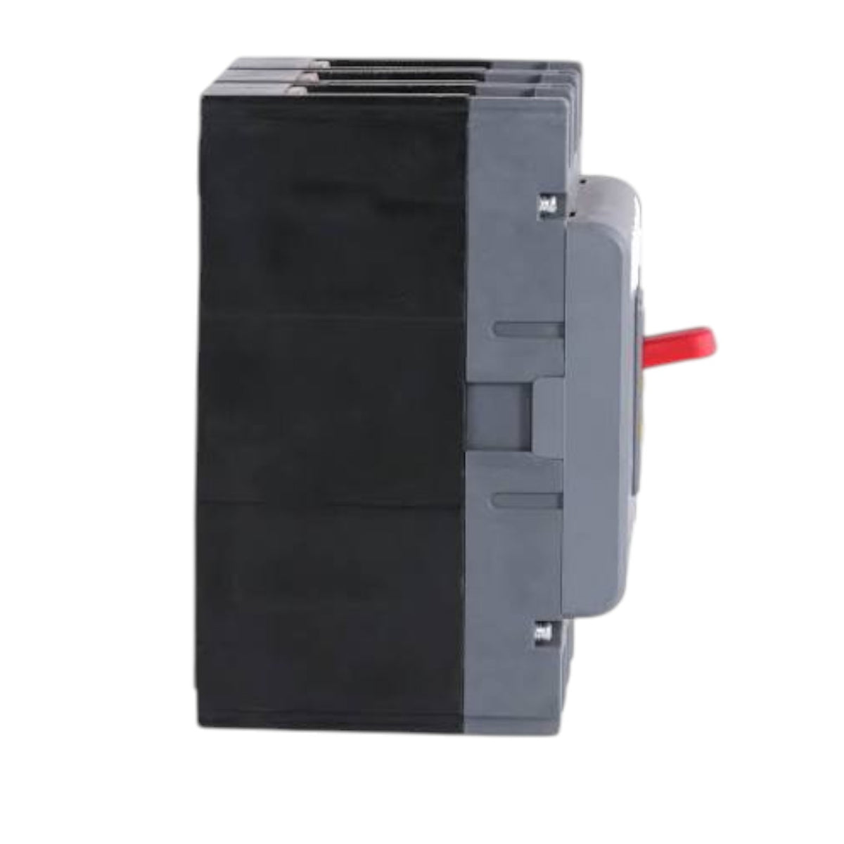 A compact electrical contactor or relay component with a black main body, gray side housing, and a small red lever, shown on a plain white background.