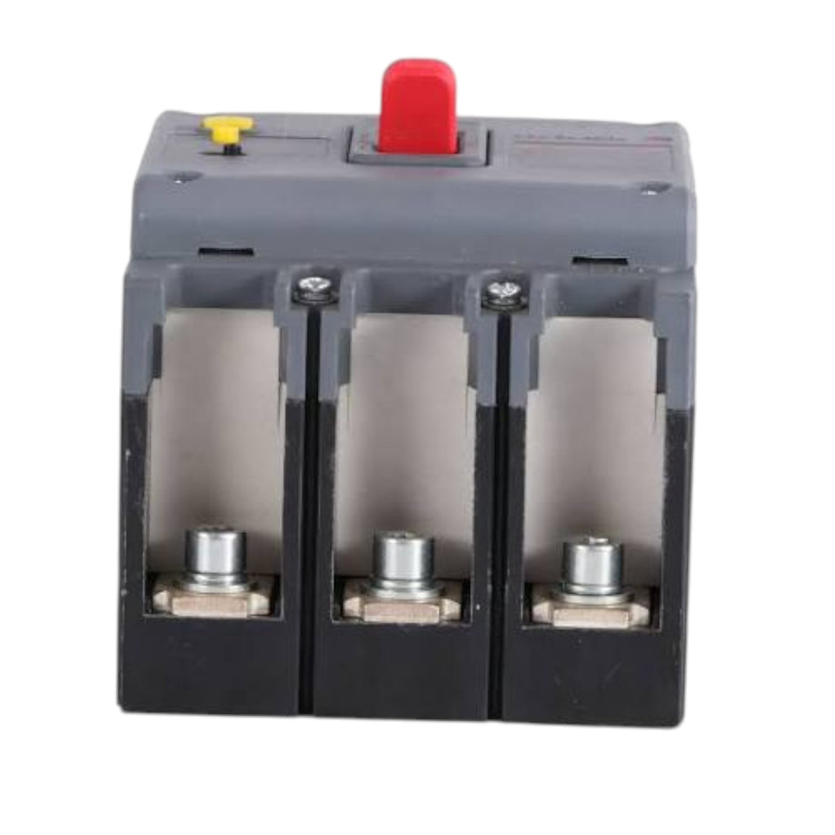 A three-pole electrical circuit breaker with a gray plastic housing, black base, red top switch, and silver metal terminals.