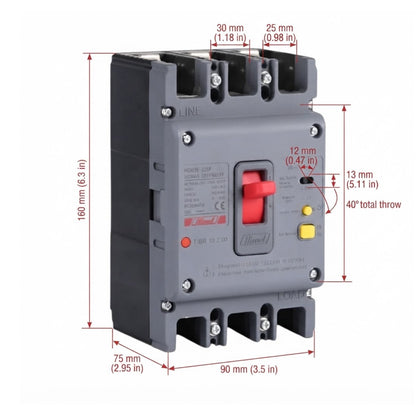 A gray electrical circuit breaker with red and yellow switch components, shown with red dimension lines and measurements on a white background.
