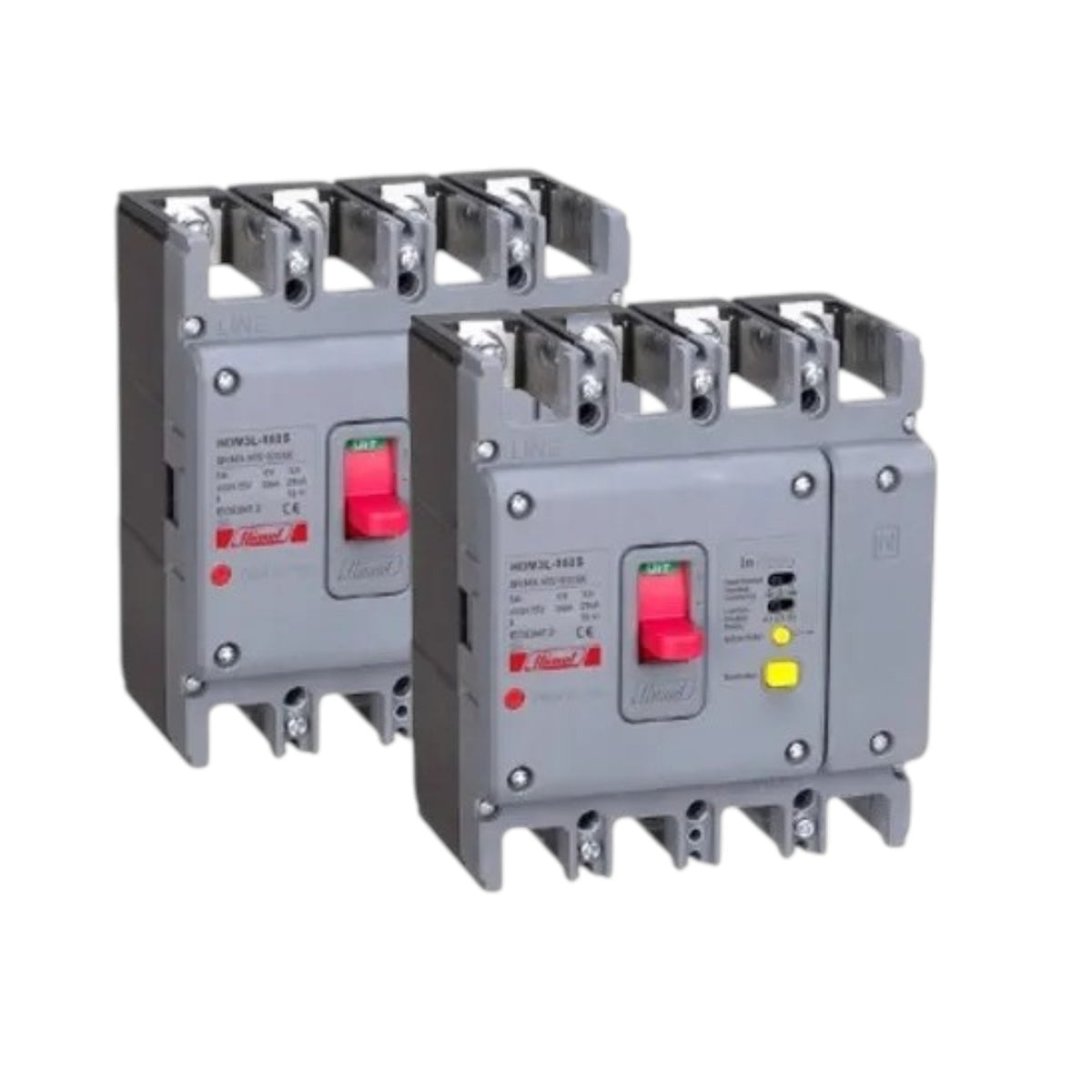 Two industrial electrical circuit breakers in gray plastic with red and yellow switches, shown on a plain white background.