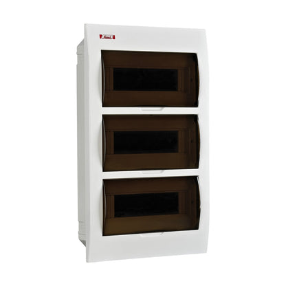 A white electrical distribution board with three stacked brown plastic compartment doors, shown against a plain white background.