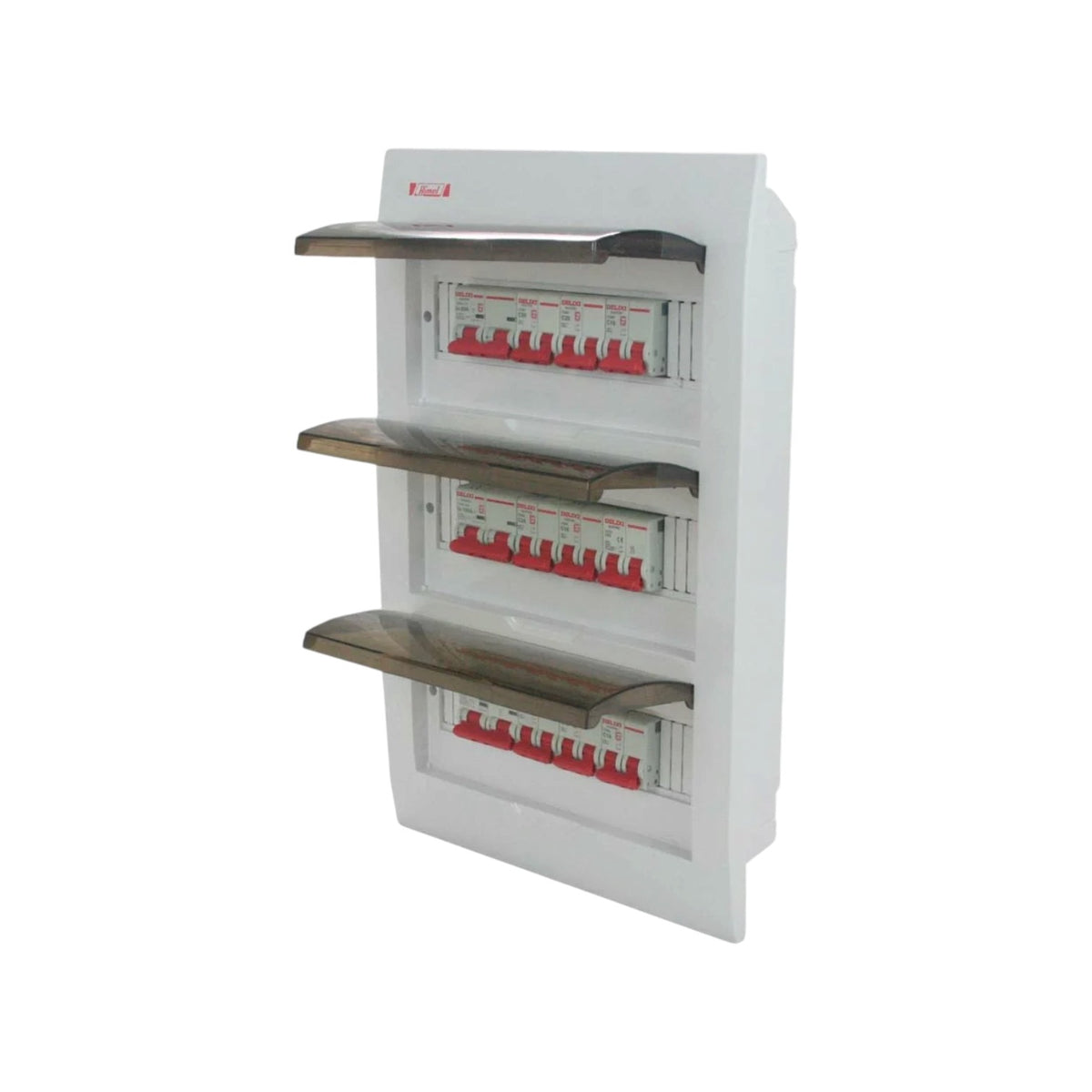A white three-tier electrical distribution board with three open compartments showing red circuit breakers, set against a plain white background.