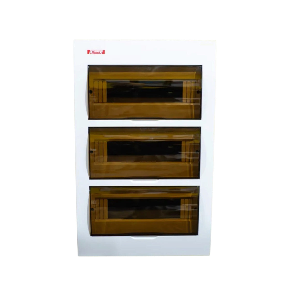 A white wall-mounted three-drawer storage cabinet with three wooden doors and dark glass panels, shown against a plain white background.