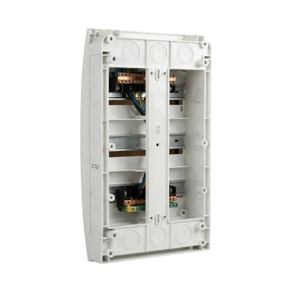A white plastic electrical junction box with its cover removed, showing internal wiring terminals, copper bus bars, and blue and yellow wires, isolated on a white background.