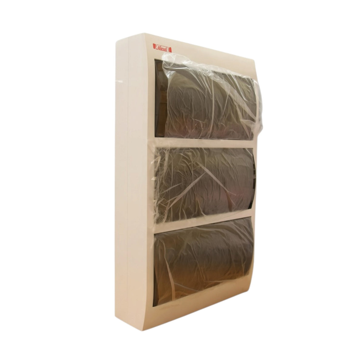 A tall, narrow cream-colored storage cabinet or organizer with three large clear plastic-front compartments, shown on a plain white background.