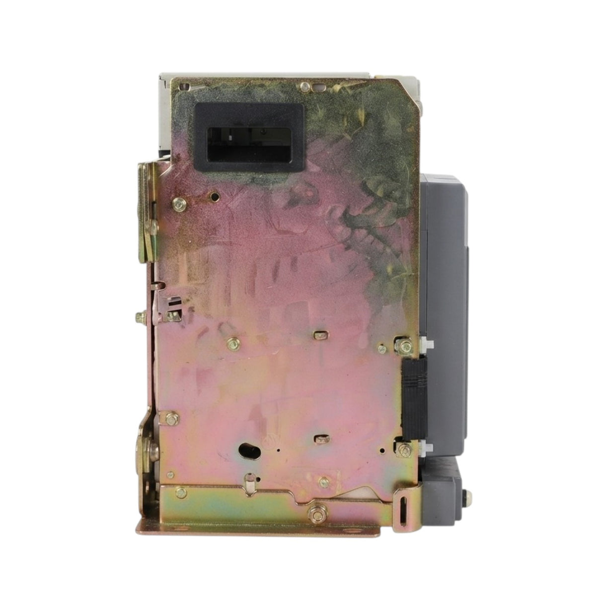 A used industrial metal control module or relay component with a pinkish-tan galvanized steel body, a black rectangular connector port on top, and a dark gray plastic housing on the right side, shown against a plain white background.