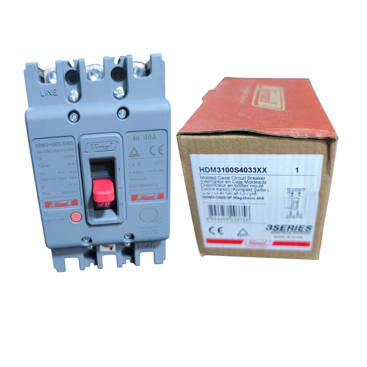 A gray Schneider Electric circuit breaker shown next to its brown cardboard packaging box on a white background.