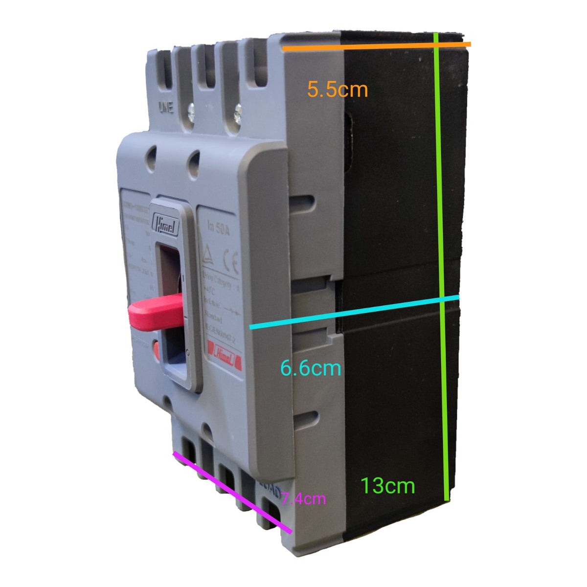 A gray and black electrical contactor with a red handle, shown with overlaid dimension lines and text indicating measurements of 5.5cm, 6.