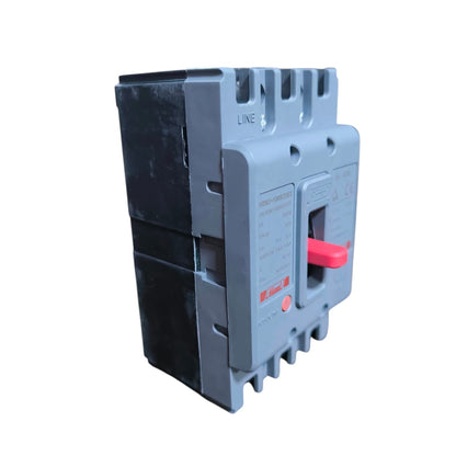 A gray and black electrical circuit breaker with a red switch handle, shown on a plain white background.