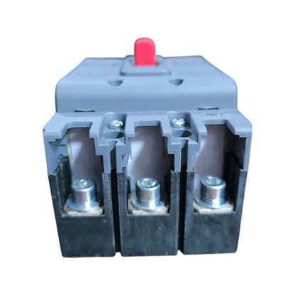 A three-terminal electrical contactor or relay component with a gray plastic housing, black base blocks, three silver metal terminals, and a small red top switch, shown on a white background.