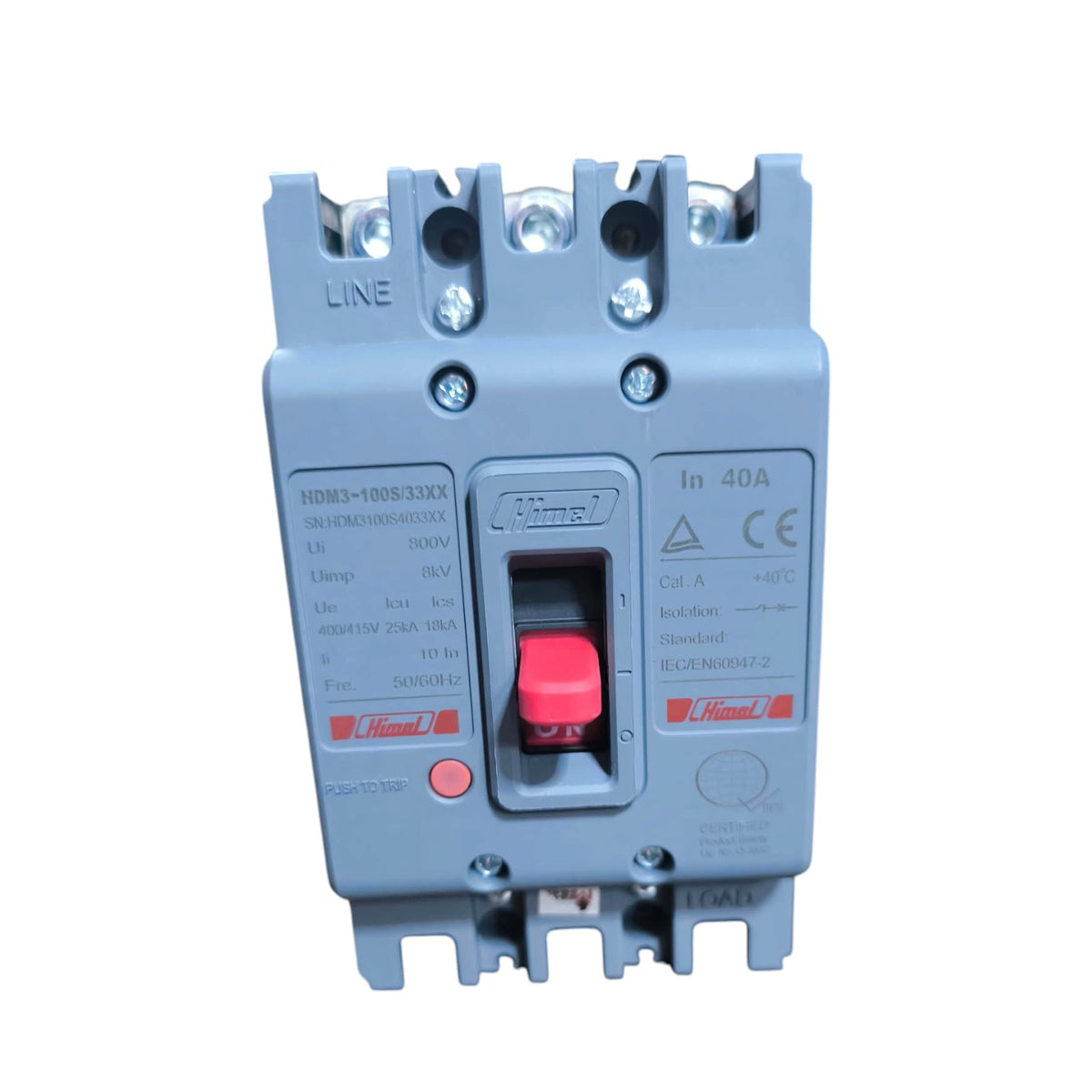 A gray electrical circuit breaker with a red switch handle, featuring printed technical specifications and a red Omron logo on the front, isolated on a white background.